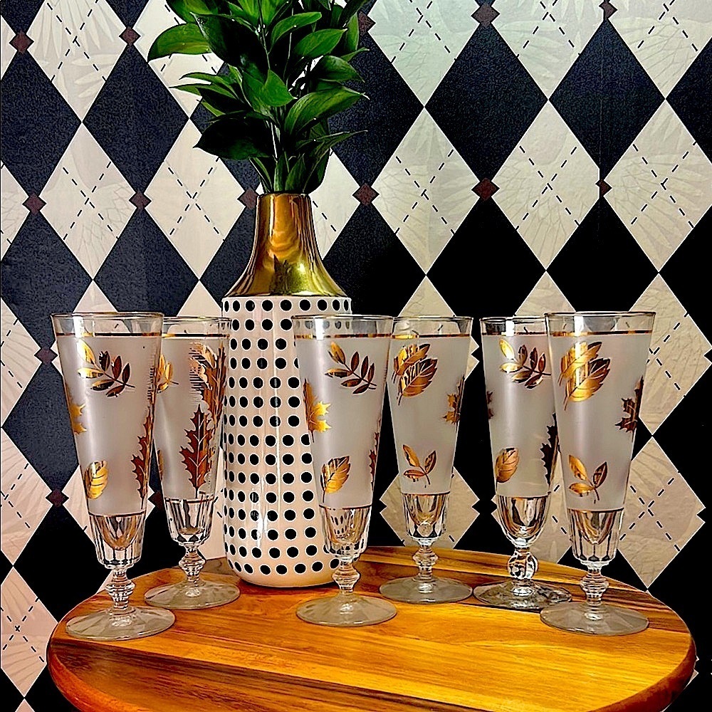Vintage Libbey 22k Gold Maple Foliage Pilsner Glasses Set of 6| Mid Century Bar - Picture 6 of 17